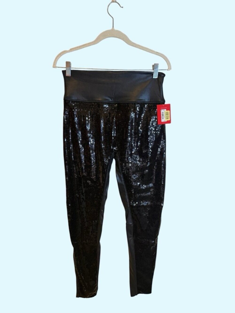 NWT Spanx Black Faux Leather Sequin Leggings Size Large